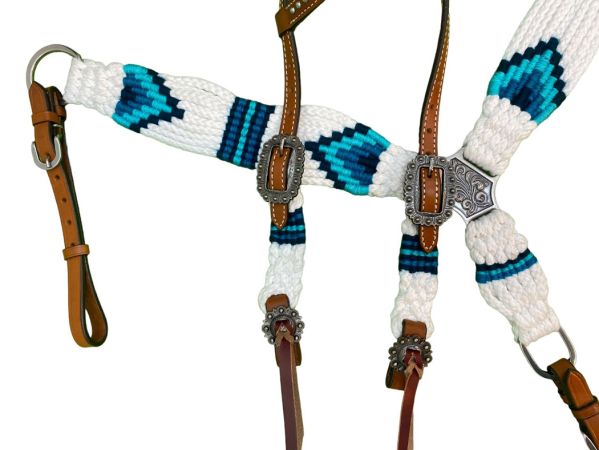 Showman Pony Size Corded One Ear Headstall &amp; Breast collar set - white and teal #3